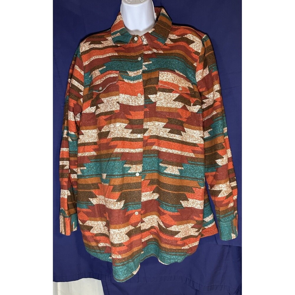 Canyon Retreat Southwestern Aztec Snap Front Shirt Jacket Shacket Large L Teal